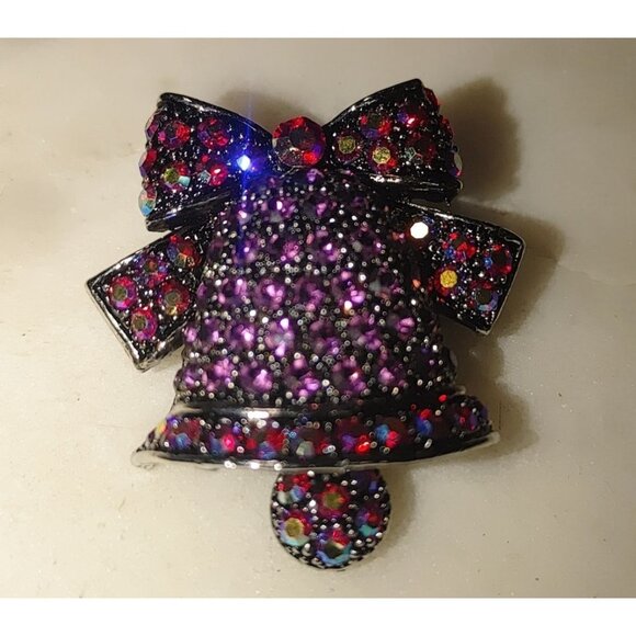 Rhinestone Gems Red Fire Purple Bell Brooch Pin Bow Moving Vintage Silvertone - Picture 6 of 12